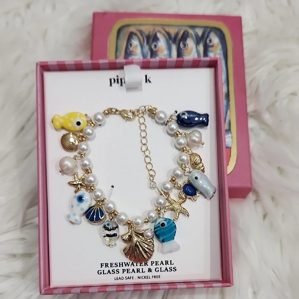 💛▪️Piper K▪️ Nautical Shell Fish Ocean  Freshwater Glass Pearl Charm Bracelet